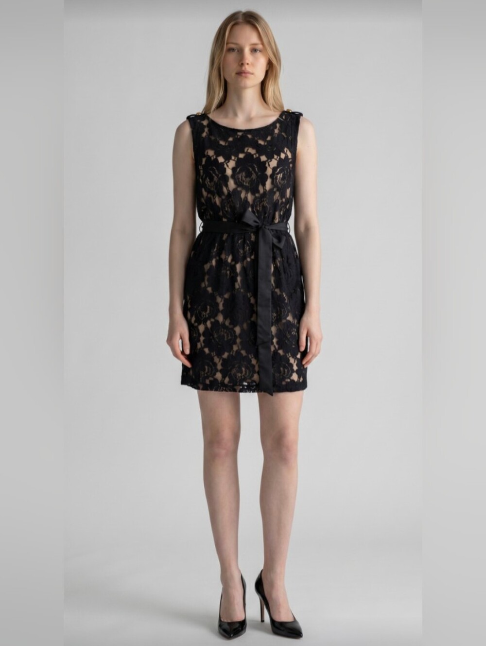 MONTEAU, LOS ANGELES! BLACK OVER CREAM STRETCH LACE POCKET DRESS! SZ M